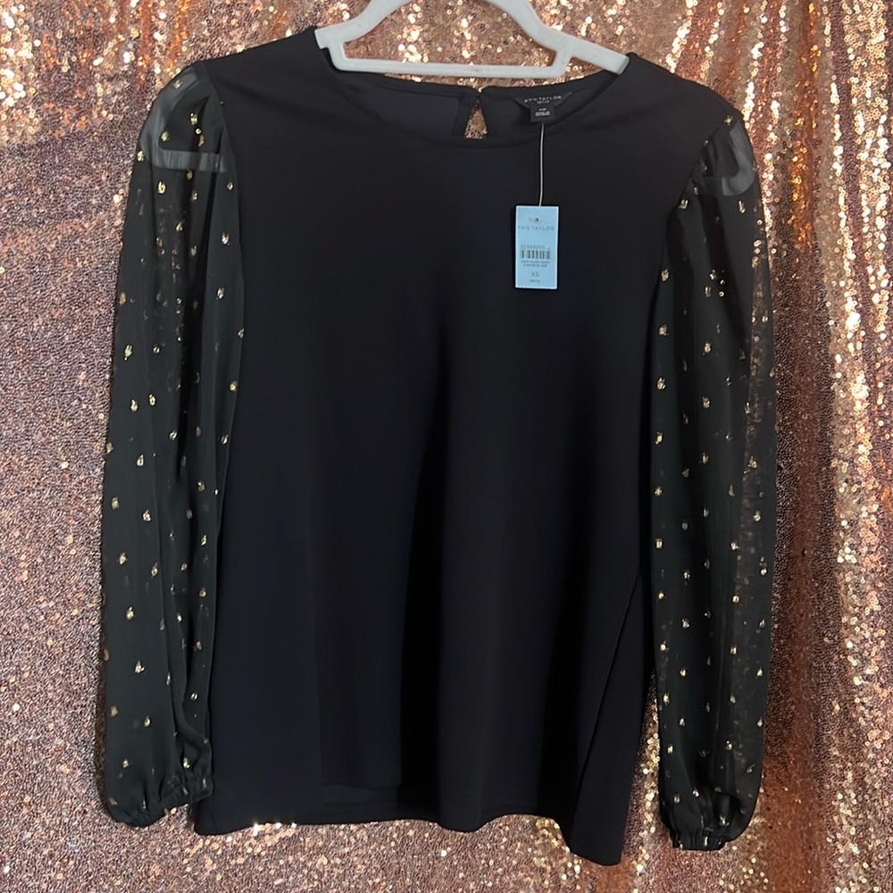 Ann Taylor black blouse with sheer sleeves, gold flecks on sleeves